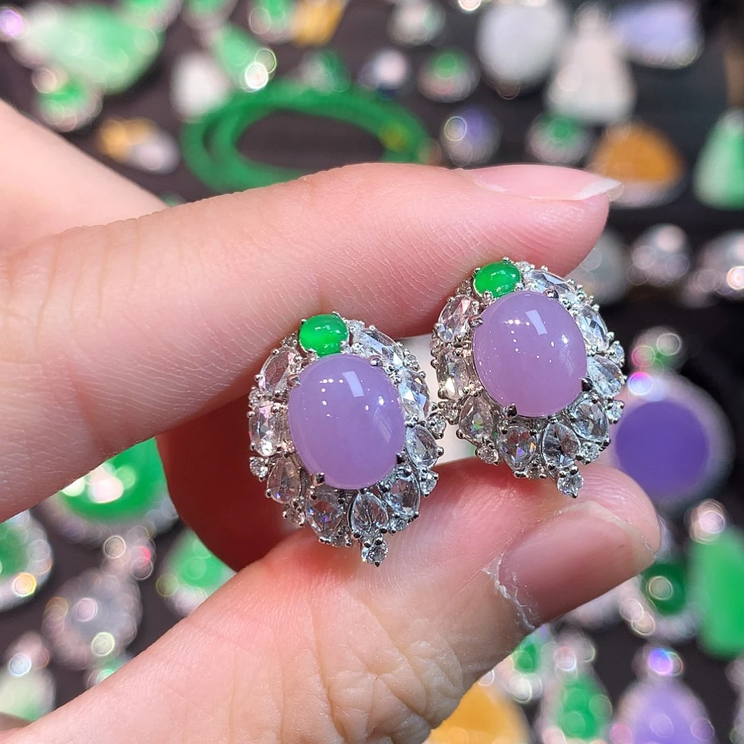 翡翠18K金镶嵌耳饰满冰粉紫大蛋面耳包