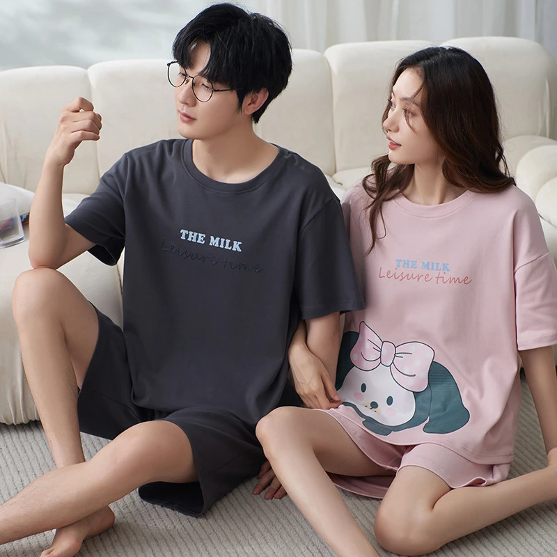 夏季新款情侣睡衣女士短袖简约套装韩版男士休闲加肥大码家居服