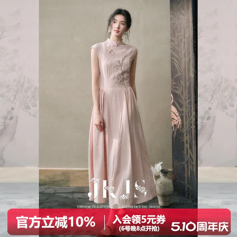 JKJS人丝亚麻连衣裙改良旗袍新中式长裙盘扣裙子女夏