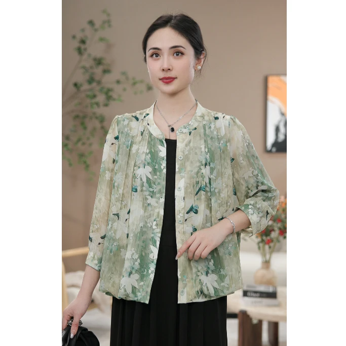 【涧蓝正品】夏季新款圆领花色七分袖衬衫女洋气显瘦上衣小衫宽松