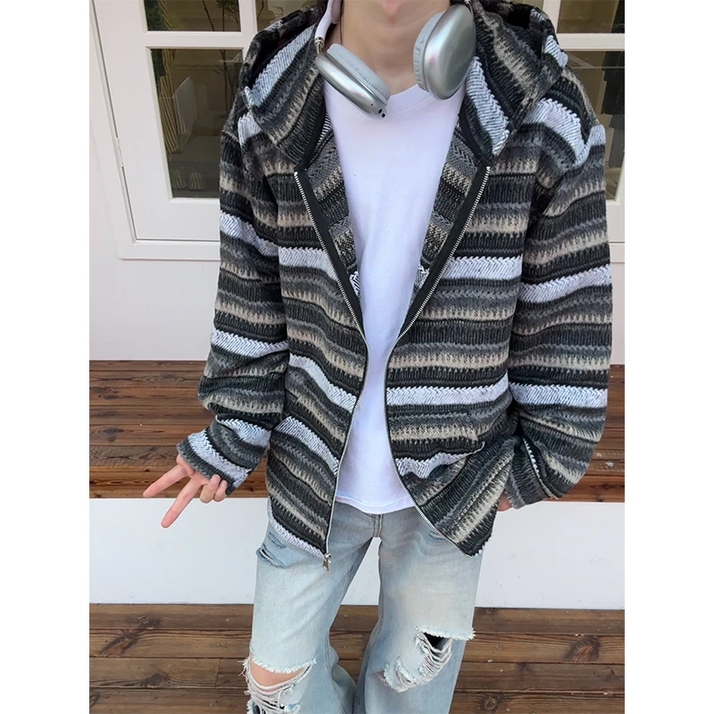 日系慵懒感条纹连帽卫衣男款秋季情侣百搭宽松外套高级感休闲上衣