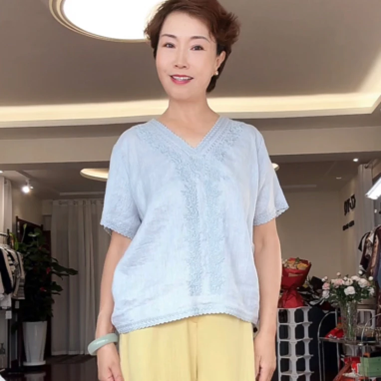 【葛行长定制】MZ.重工女式V领纯亚麻上衣宽松短袖MSGT25059