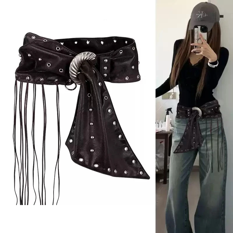 废土风宽腰带女时尚做旧装饰毛衣牛仔裤哥特腰封女流苏铆钉布绑带