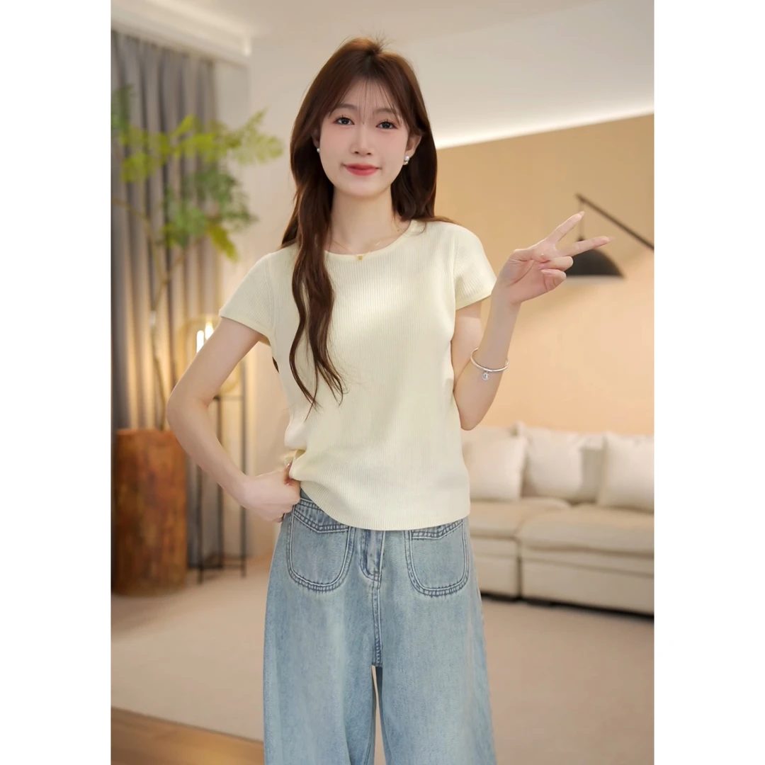 （周周小个子）春季新款羊毛短款百搭小众修身圆领上衣-YJ2241