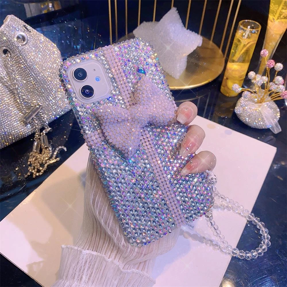 适用苹果/华为/OPPO/VIVO/小米手工DIY满钻炫彩蝴蝶结镶钻手机壳