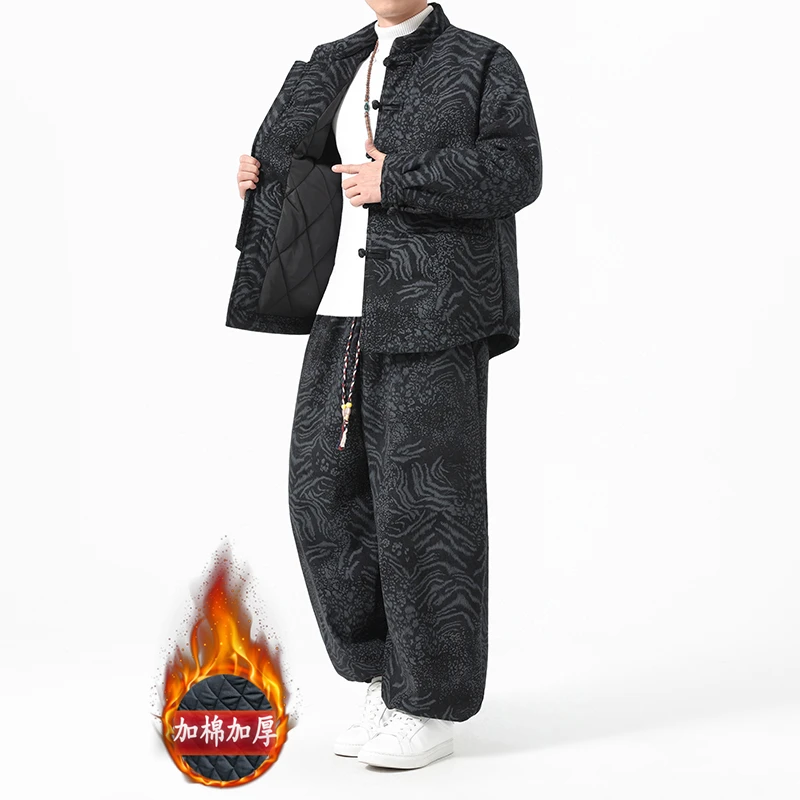 2025冬季新款中国风虎纹棉衣加厚两件套复古大码新中式加厚套装男