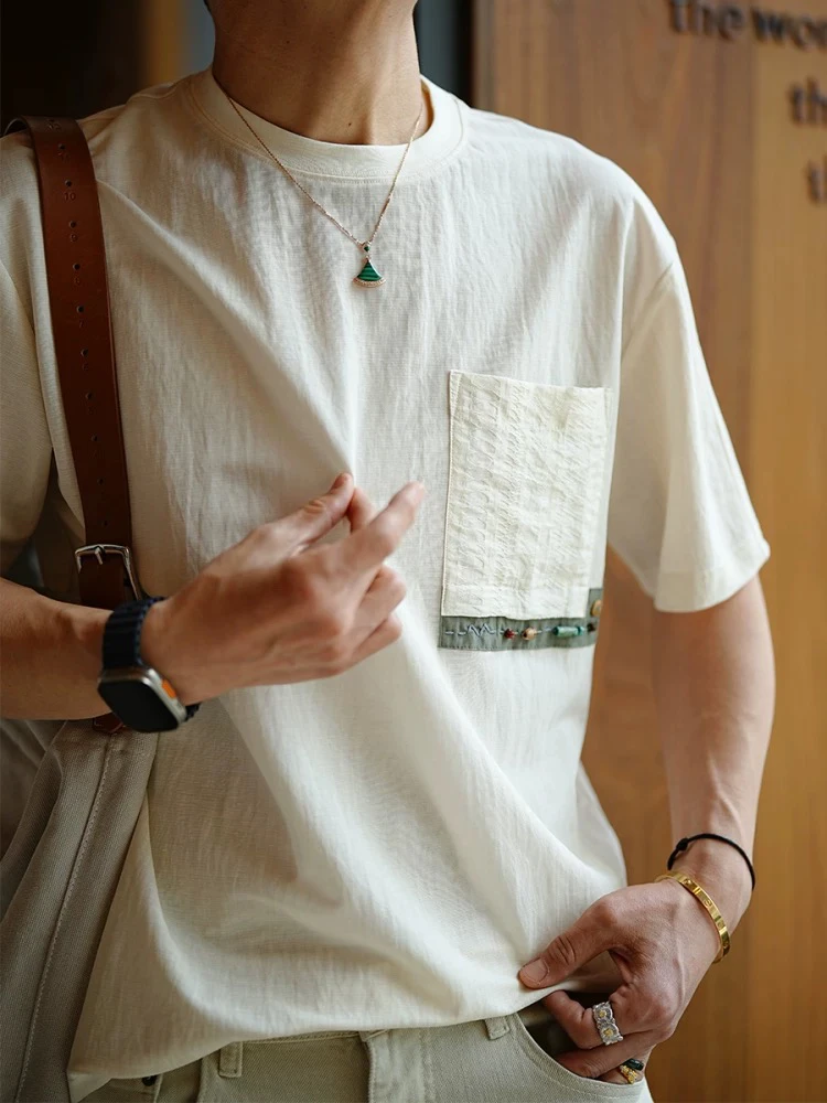 日系复古拼接口袋圆领短袖t恤男士夏季新款潮牌简约牛津麻半袖T恤