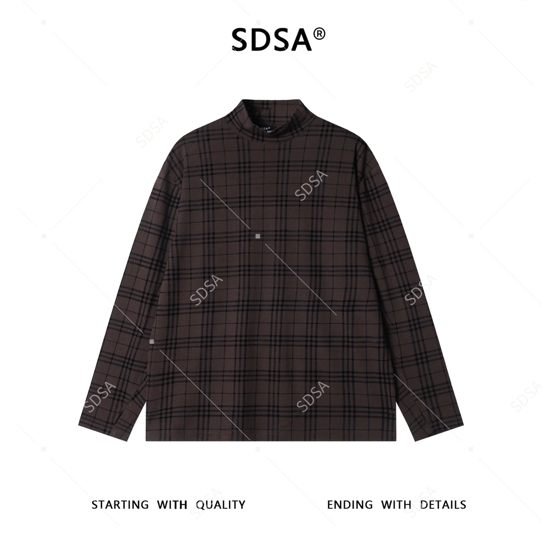 SDSA男士秋冬新款痞帅男装潮牌复古撞色格纹格子立领长袖T恤百搭