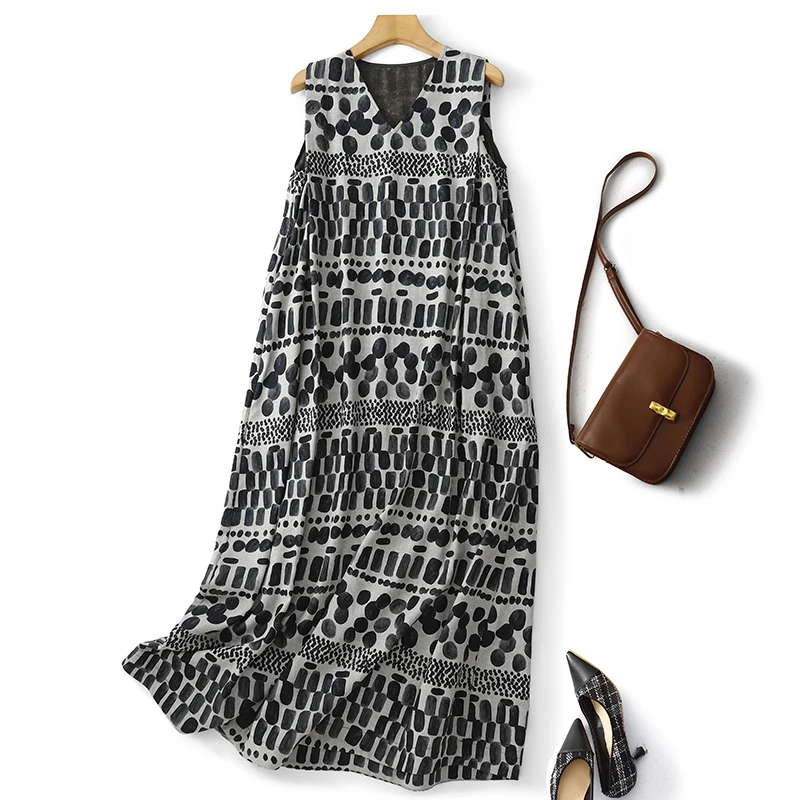 2025夏季新品棉麻几何水墨双面印花垂坠丝滑V领无袖大码显瘦裙子