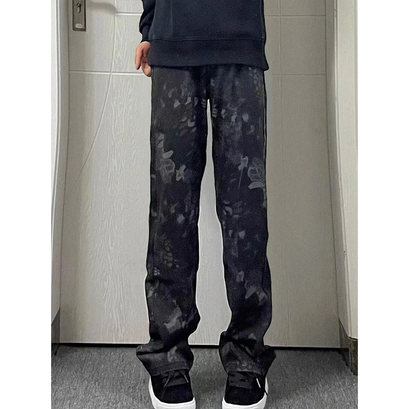 蛇年限定黑色微喇牛仔裤男春秋季蛇纹设计感美式高街vibe微喇裤子