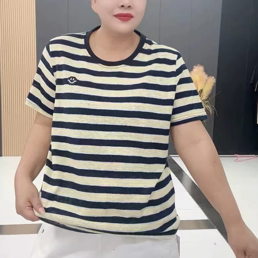 梦梦家118款宽松遮肉夏季透气清凉圆领藏蓝边针织半袖衫