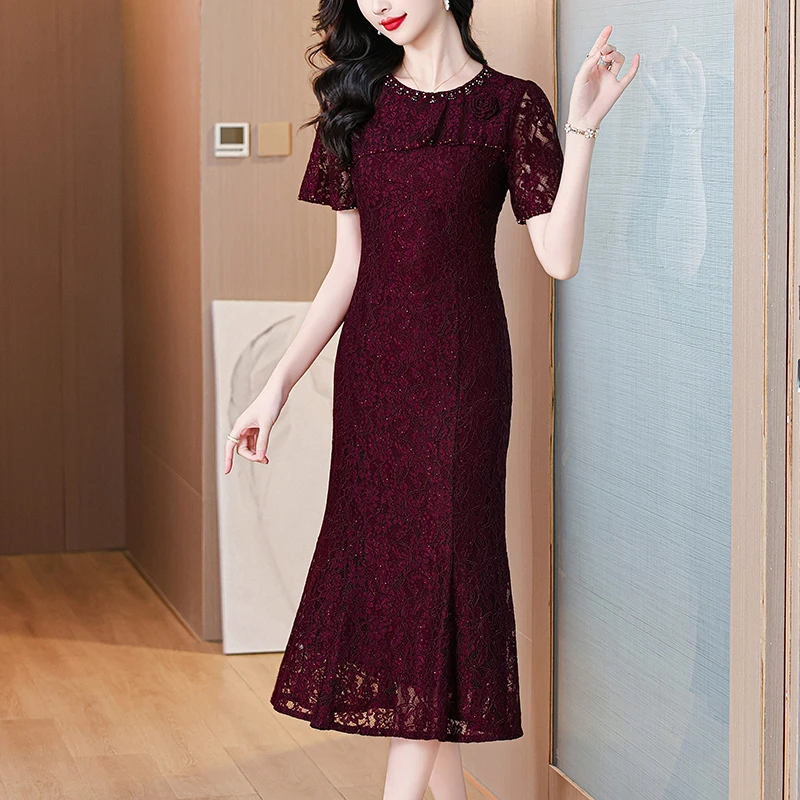 喜婆婆婚宴装连衣裙女2025年夏季新款时尚气质红色蕾丝鱼尾裙礼服