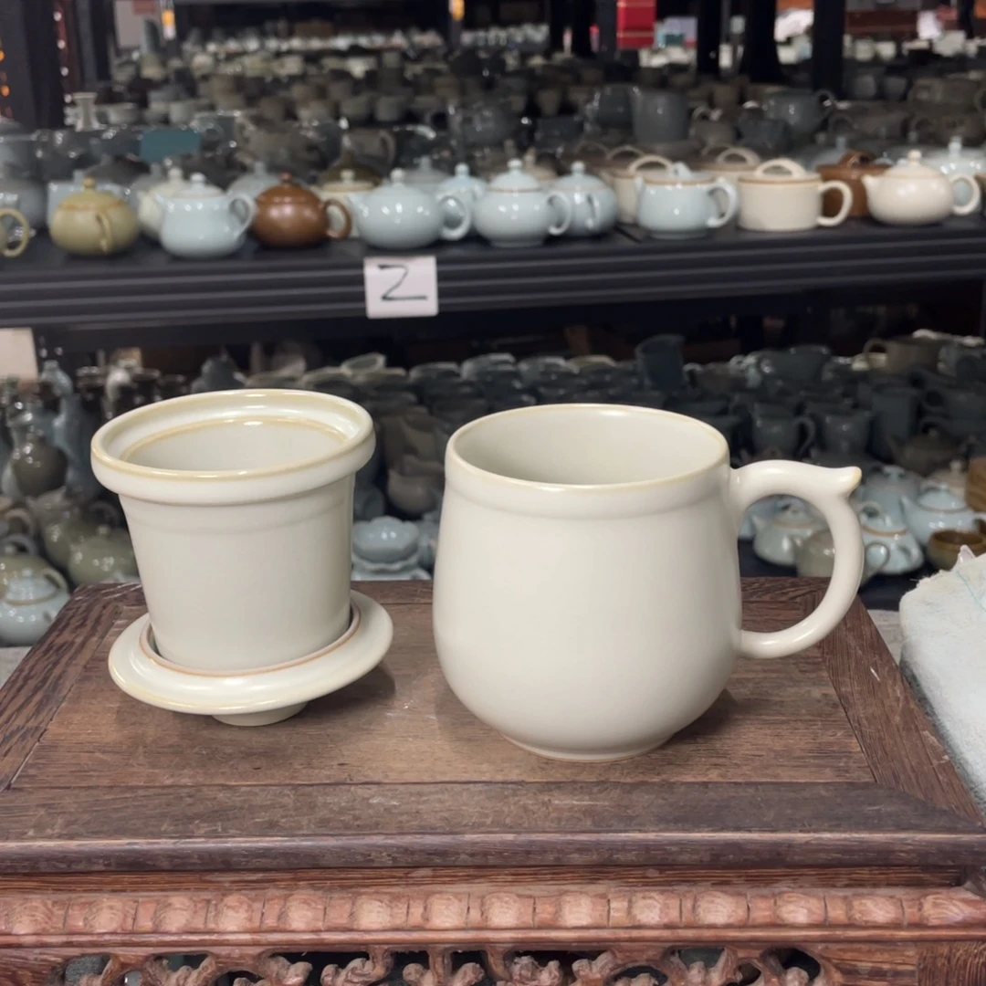 瓷片月白釉容福茶水分离杯
