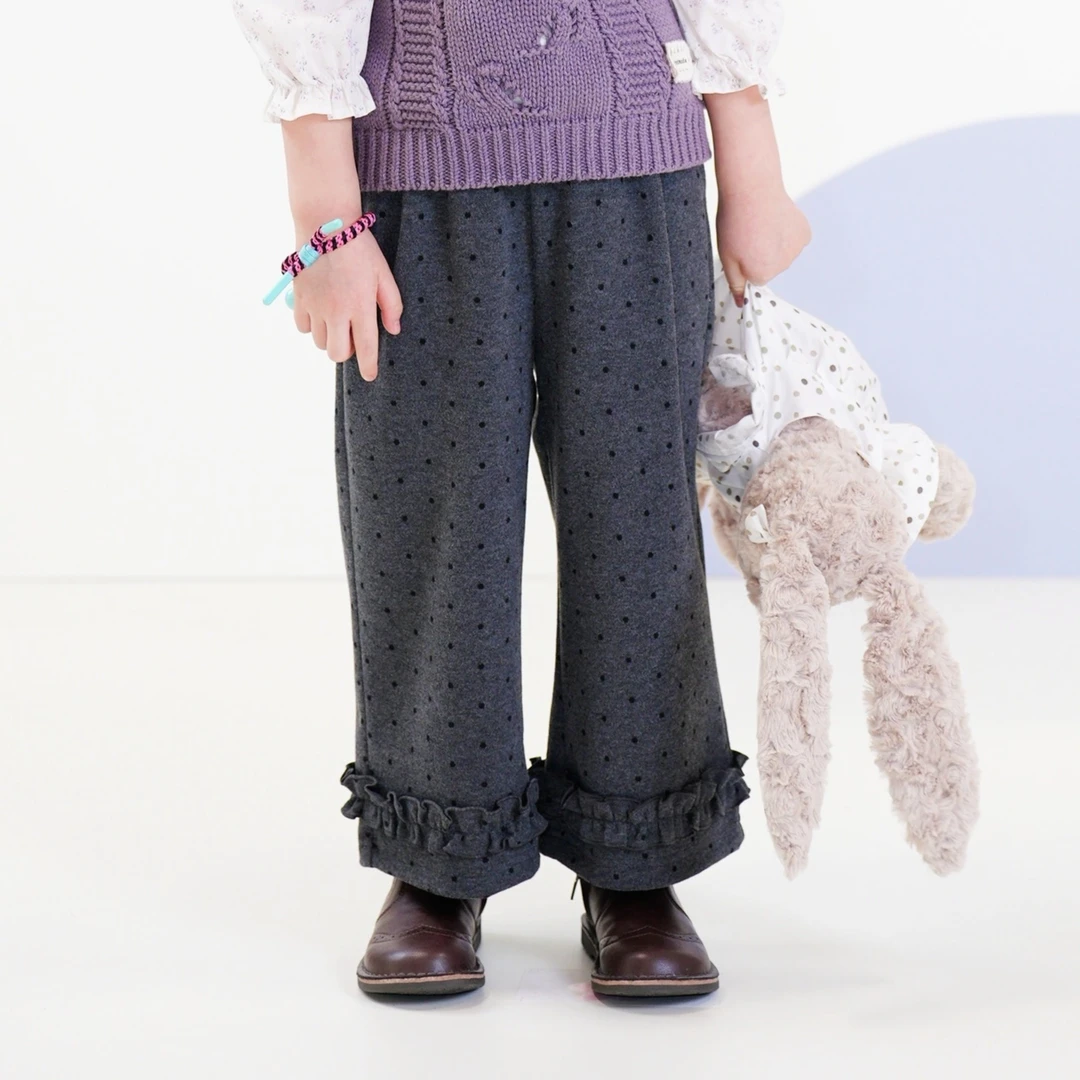 【云朵小葵】女童秋季新款黑色波点花边裤脚洋气休闲直筒裤1114425