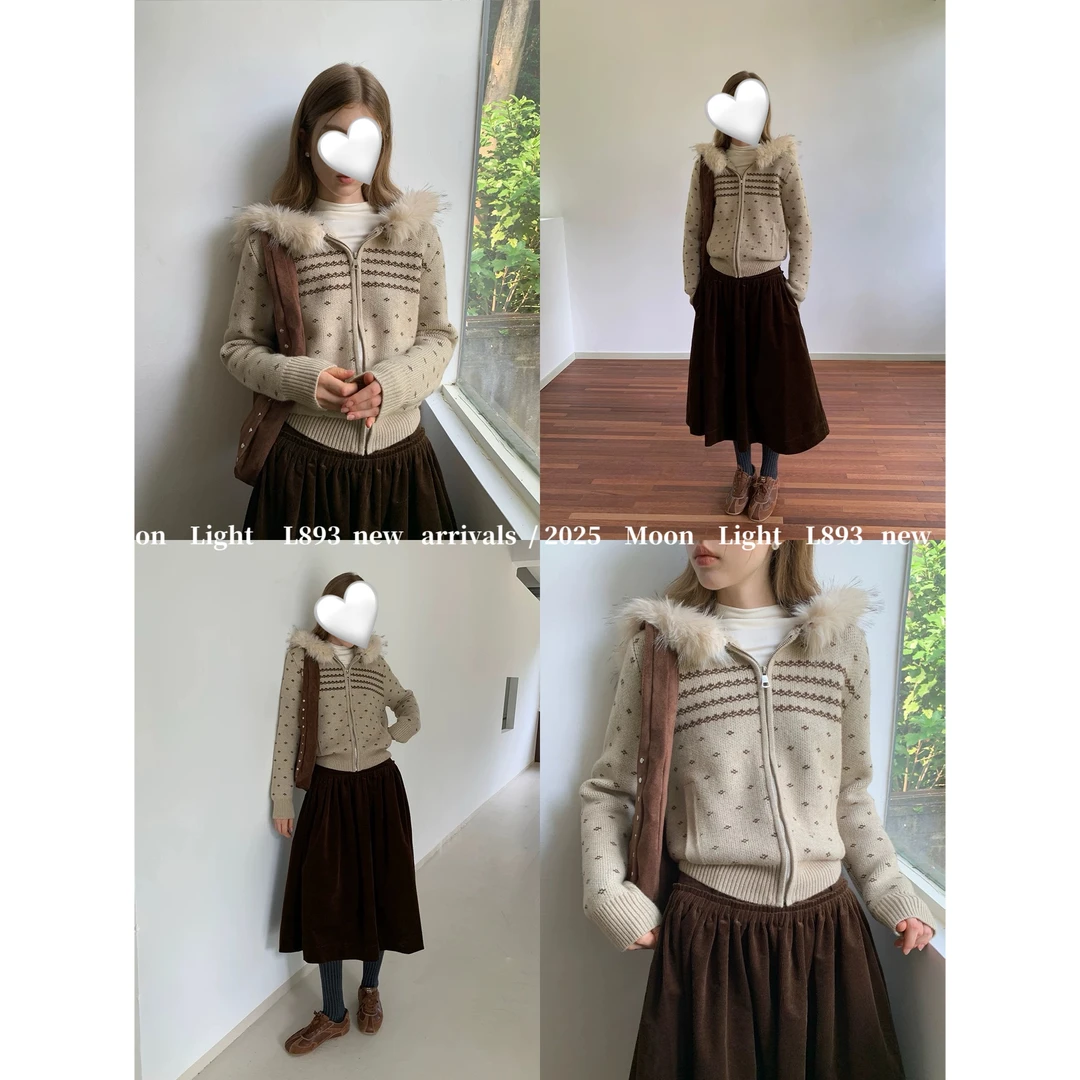 ouni@L893 韩系时尚百搭休闲连帽毛衣 （毛领可拆）1-4