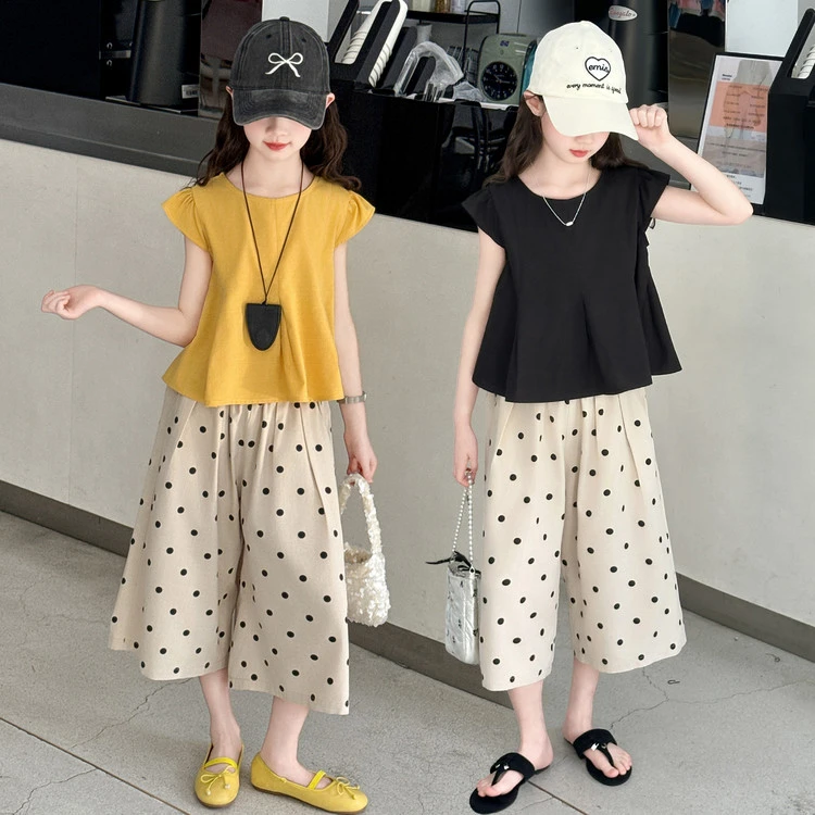 女童夏季2025新款波点休闲套装中大童韩版小女孩飞袖阔腿裤两件套