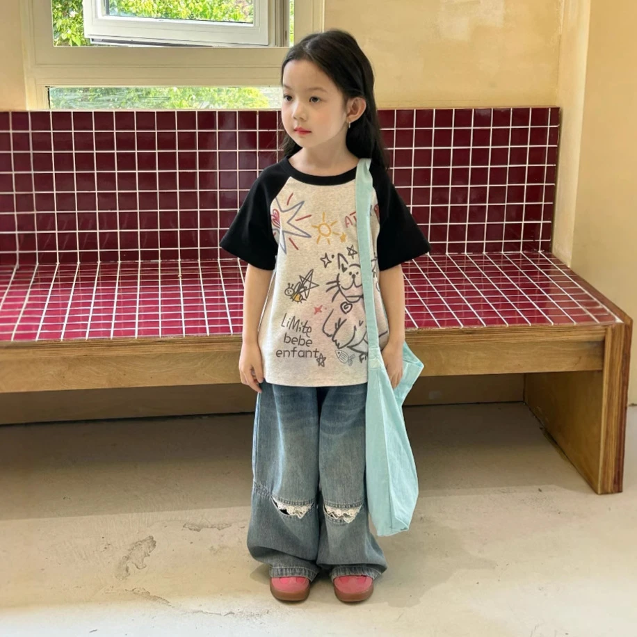 女童T恤2025夏季新款中小童2-7岁韩版短袖上衣儿童破洞牛仔裤洋气