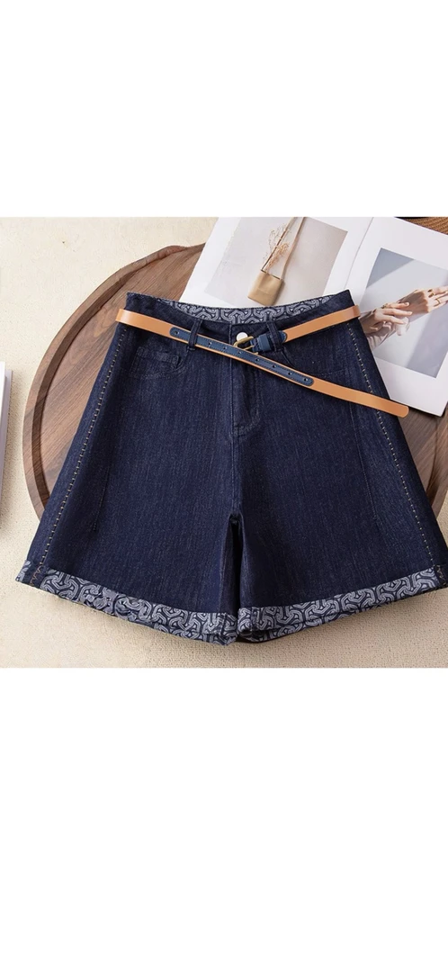 “自洽且平静”丹宁蓝牛仔短裤女薄款新款印花翻边裤-F