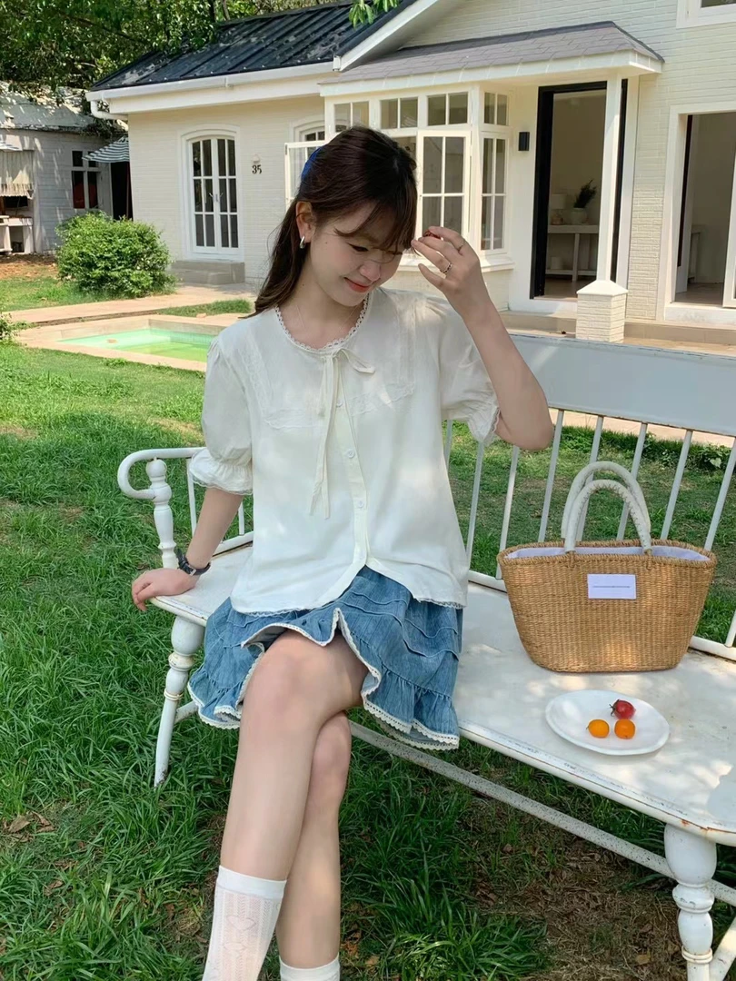 8526【不退换】新款韩式甜美衬衫v领蕾丝泡泡袖上衣短袖娃娃衫寸衣