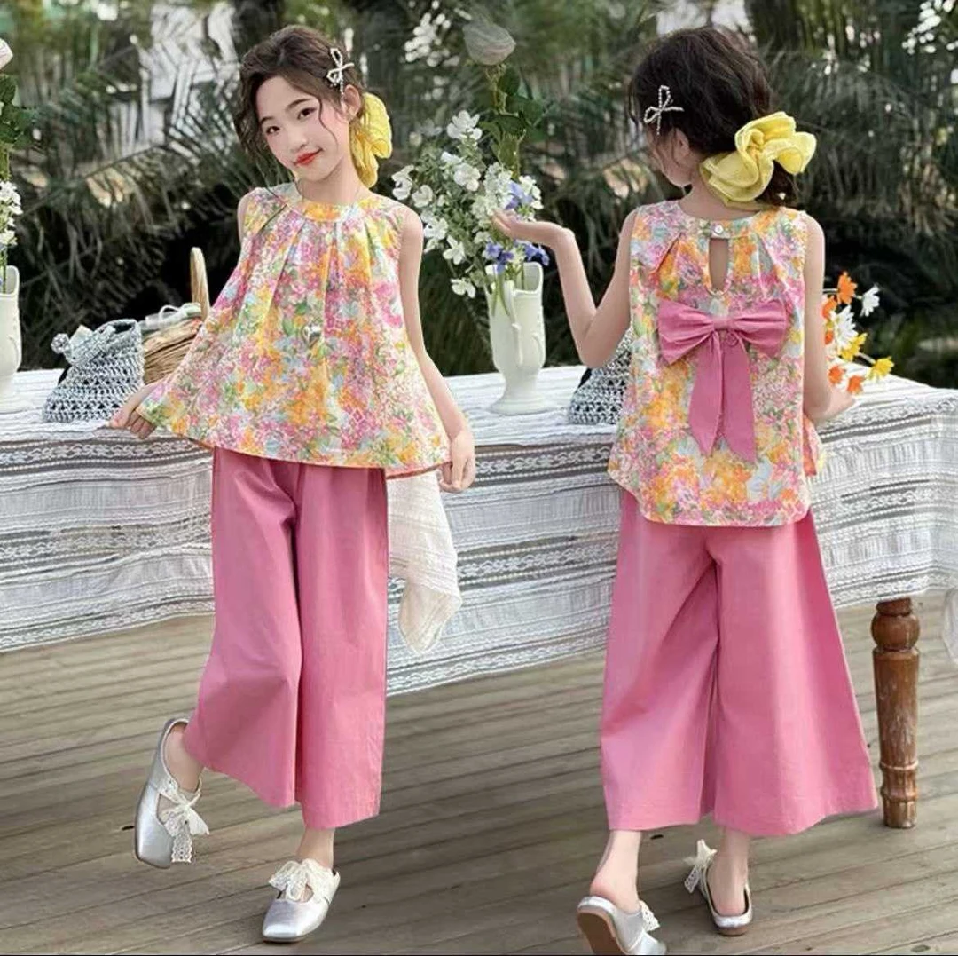 韩系女宝宝夏季新款甜美洋气蝴蝶结镂空短袖碎花花苞短裤两件套潮