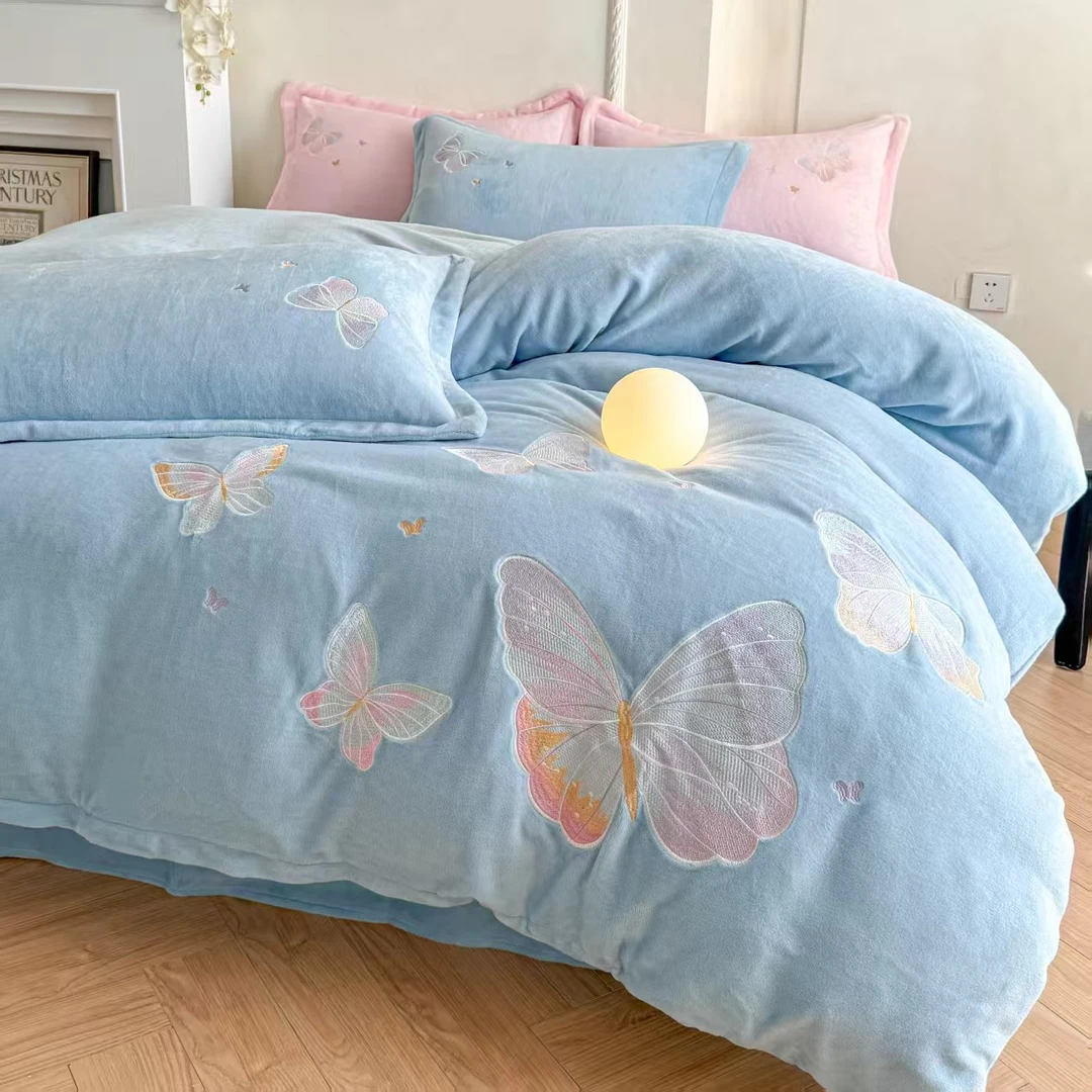 {苗总补贴}新款牛奶绒保暖蝴蝶刺绣四件套