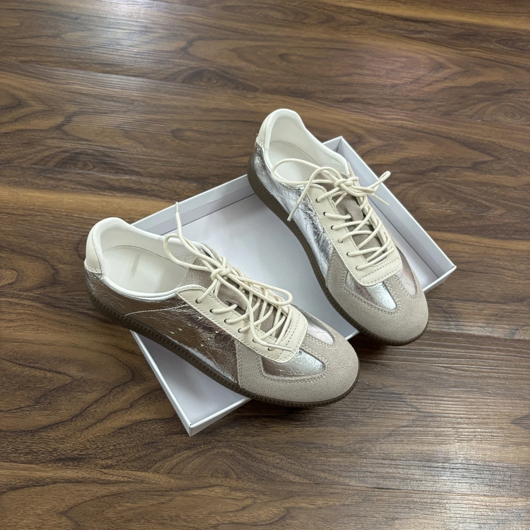 外贸牛皮复古拼色真皮德训鞋女厚底阿甘休闲运动鞋2025新款透气软