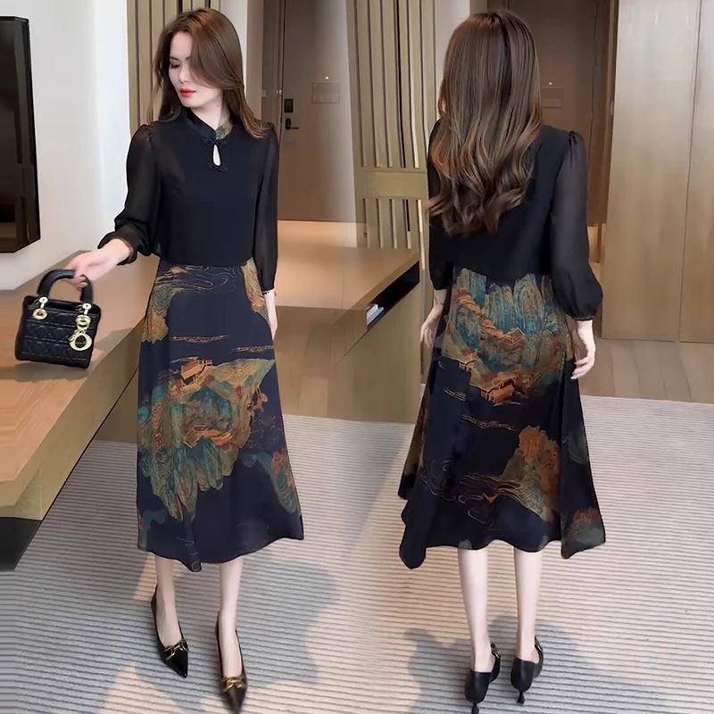 新中式国风盘扣假两件连衣裙女春夏新款洋气显瘦碎花雪纺A字裙子