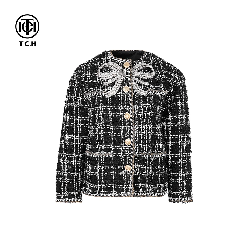 轻奢-TCH新款秋冬时尚编织烫钻气质小香风外套T72C276006