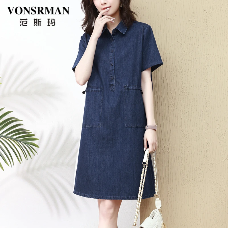 VONSRMAN复古牛仔连衣裙女夏季2025新款时尚休闲气质抽绳显瘦a字