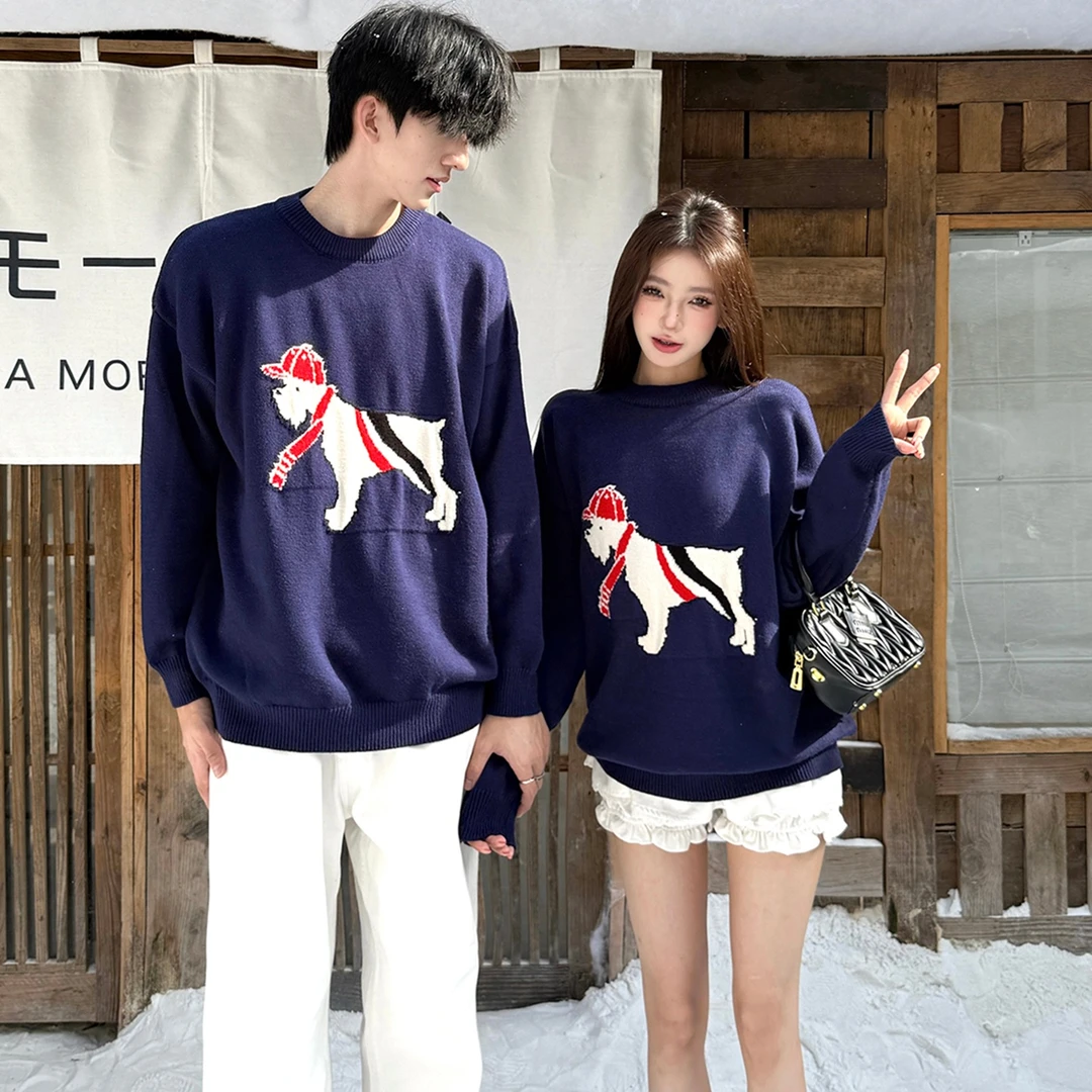 情侣装慵懒风显瘦小狗提花毛衣宽松卡通趣味小众百搭美式复古感