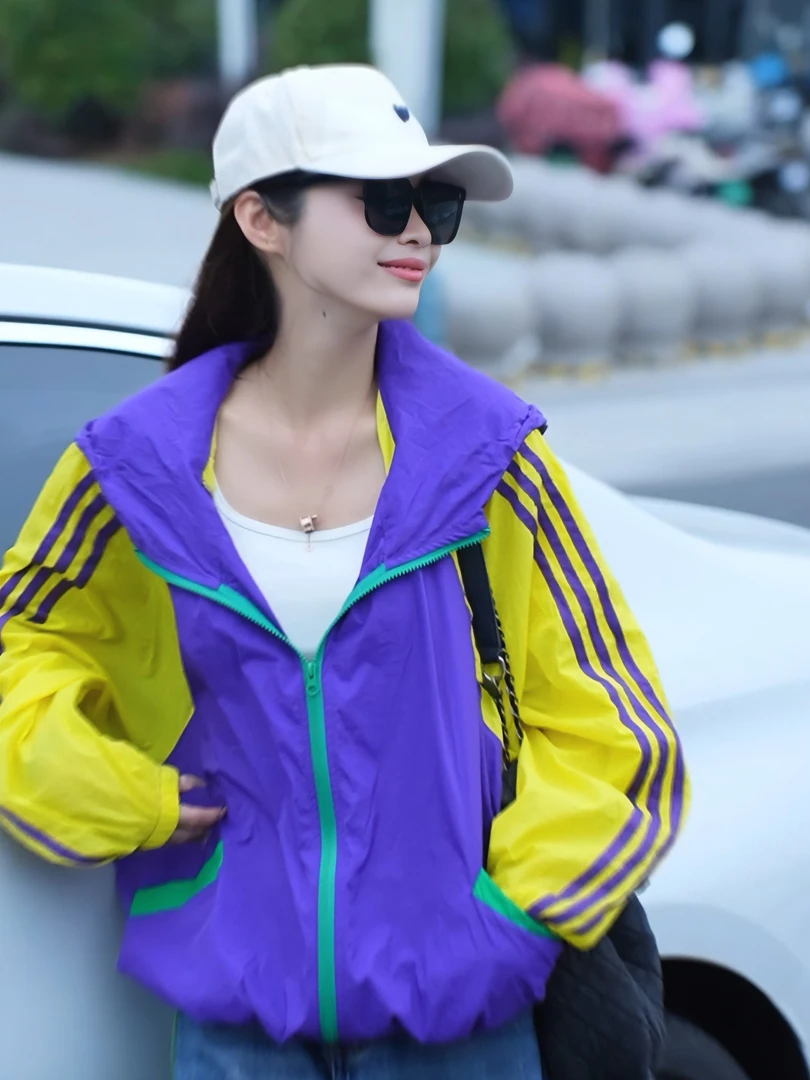 运动风拼色条纹女士防晒衣宽松显瘦轻薄透气外穿外套防晒衣25177