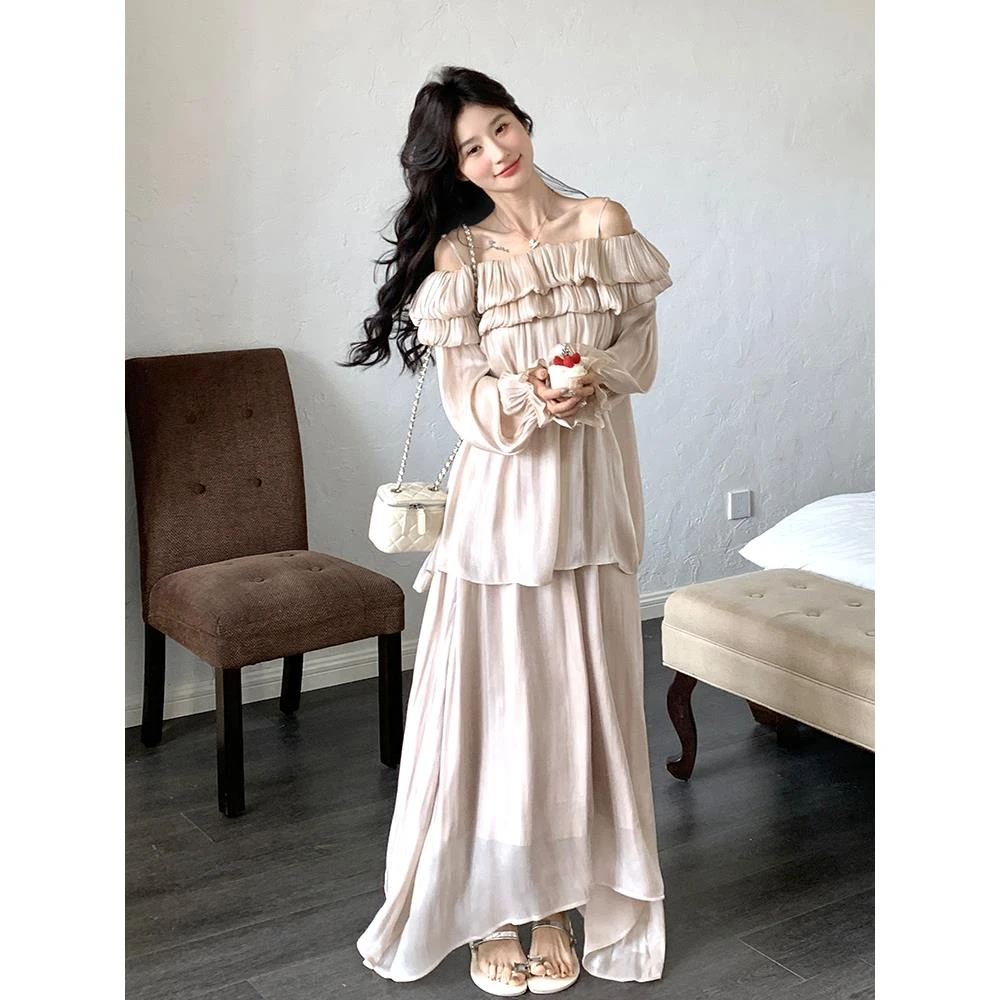 名媛风一字肩衬衣半身裙两件套女2025春季新款韩系氛围感穿搭套装