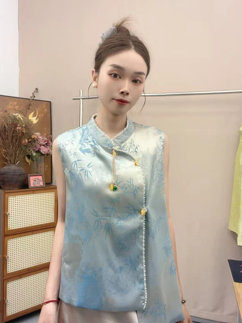 知喜  兰竹   2025夏季新款新中式立领斜襟气质时尚马甲无袖复古