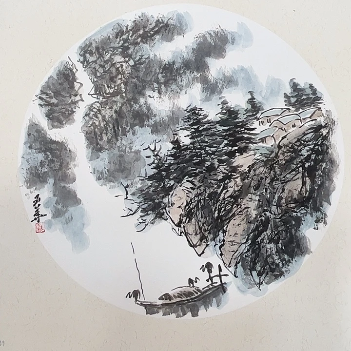 国画孙玉华老师卡纸山水三尺斗方奇