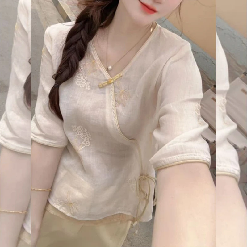 新中式国风亚麻V领套装女2025夏季设计感亚麻小衫裤子刺绣两件套