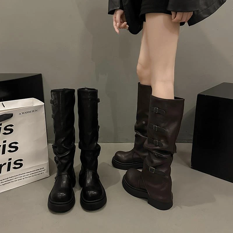【澳门专柜正品】厚底长筒靴女秋冬新款圆头粗跟堆堆靴长靴美拉德高