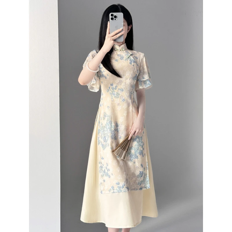 长旗袍葫芦扣三分袖水滴领旗袍中长款裙子收腰修身