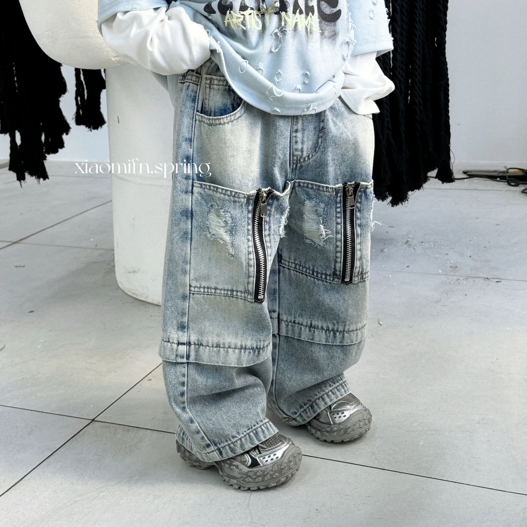 现货〃2025春季新款韩版工装做旧牛仔长裤儿男童时尚洋气童装25650