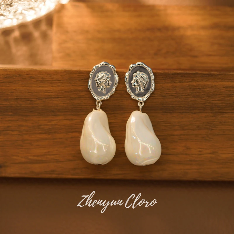 铜合金耳饰 复古浮雕仿异形巴洛克珍珠法式耳环 925银针 BL4068