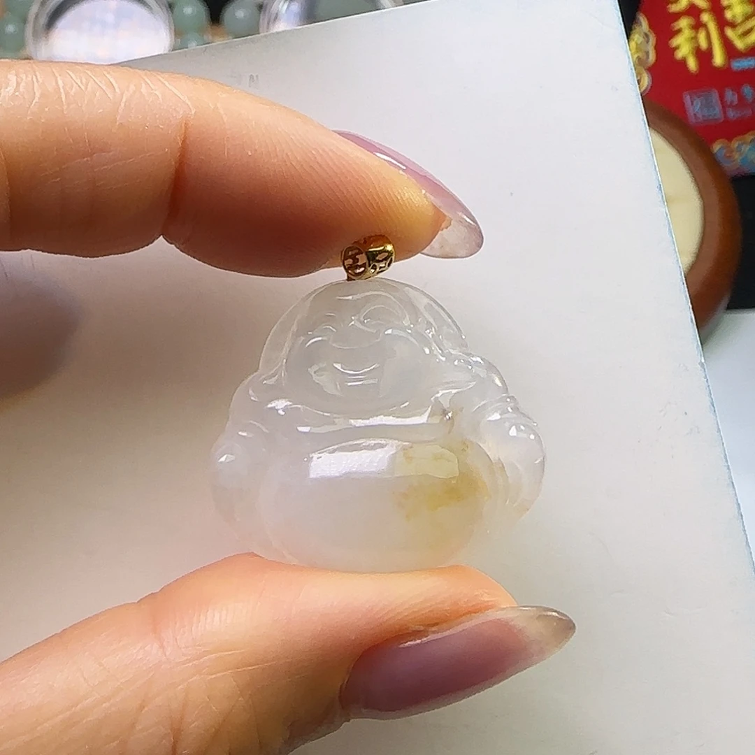 翡翠18K金镶嵌颈饰天然缅料A货 肚里藏金佛公