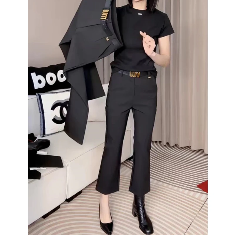 小个子高腰九分微喇西装裤女2025早秋新款大码弹力显瘦休闲小黑裤