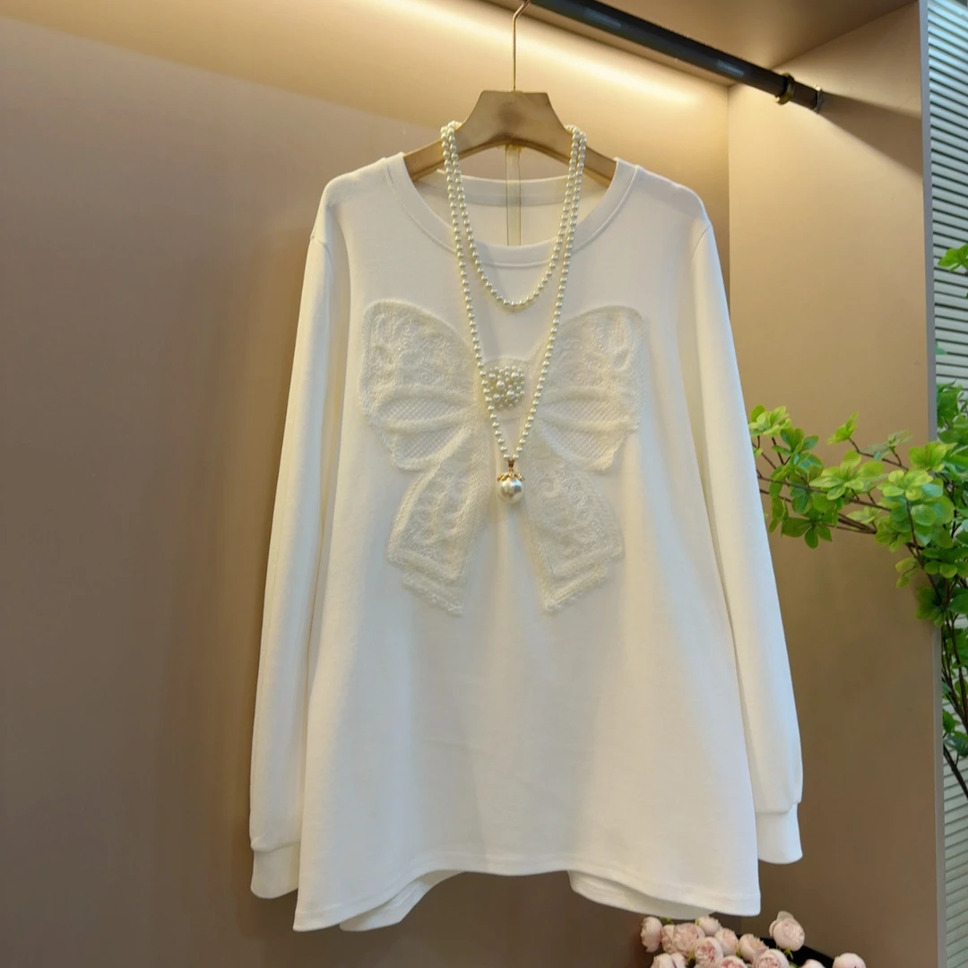 新款纯色蝴蝶结珍珠时尚宽松洋气轻奢百搭上衣（衣长77左右）