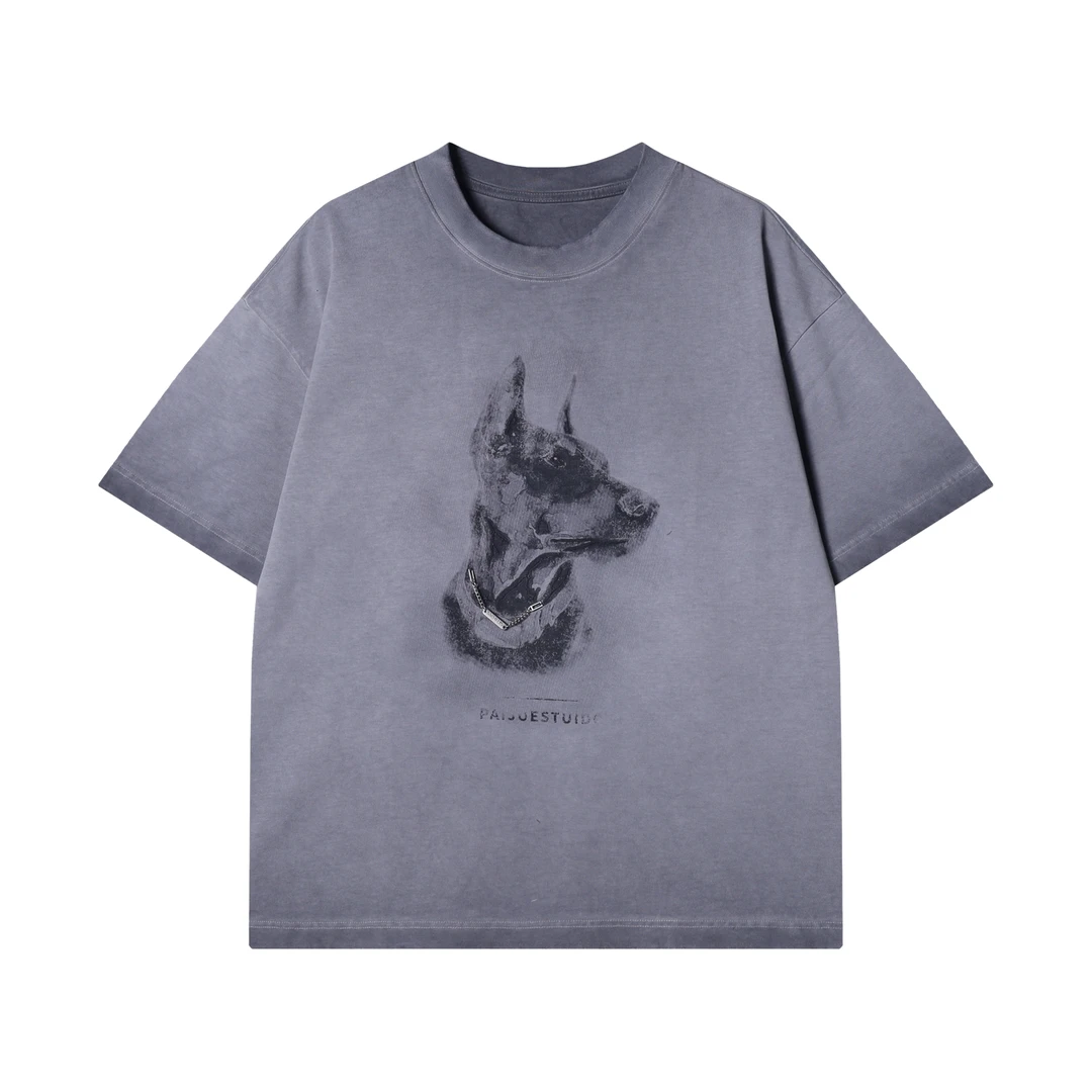 2025夏季新款男复古做旧水洗狗头印花短袖T恤美式宽松重磅百搭
