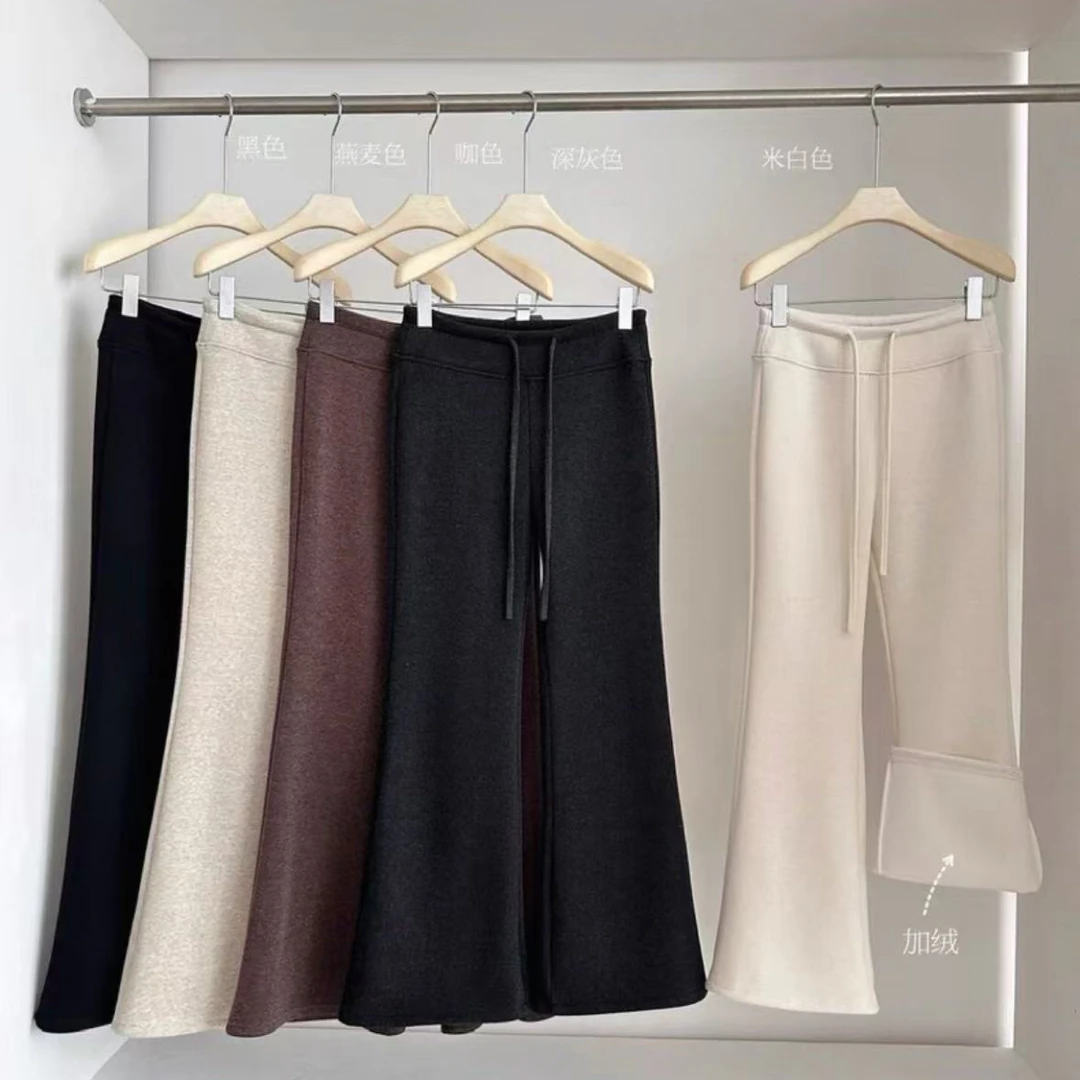 羊绒毛呢加绒加厚2025新款韩系复休闲纯色微喇裤