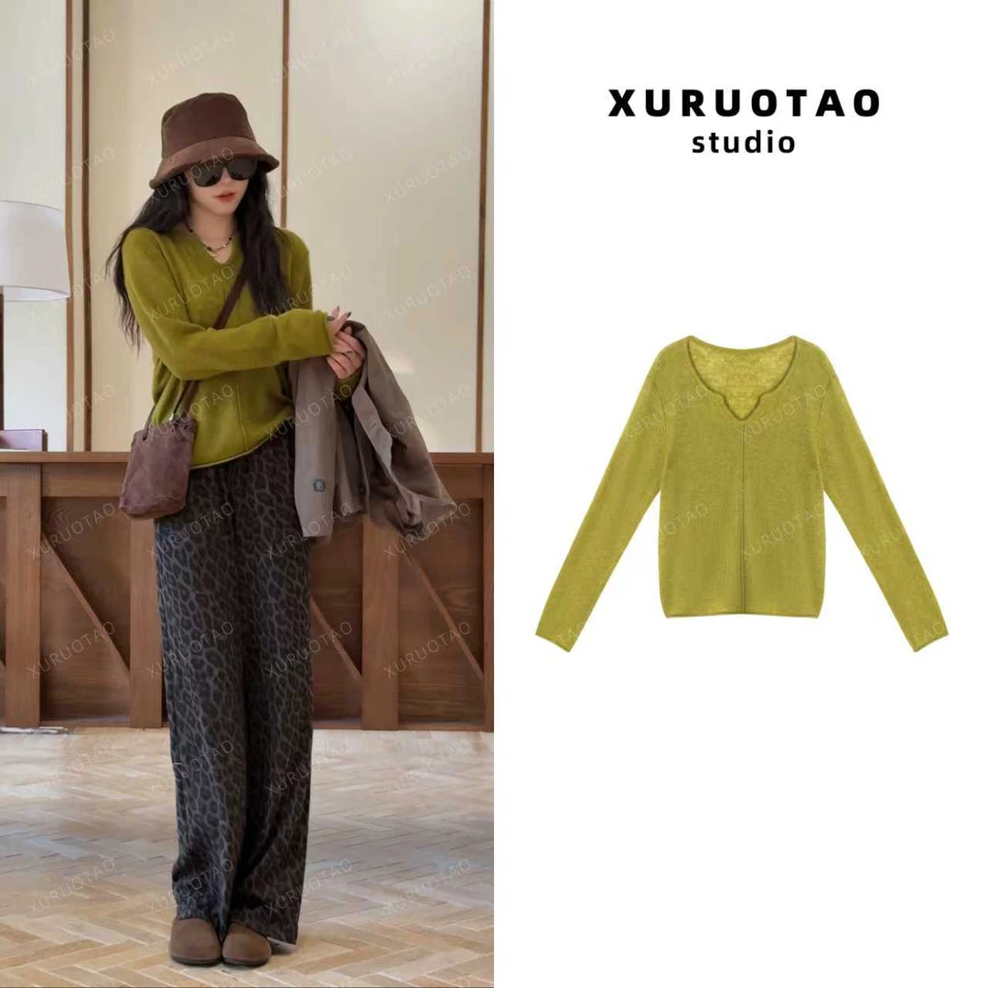XURUOTAO 【天鹅颈】绵羊毛莱赛尔V领针织设计显瘦绿色上衣 T5651