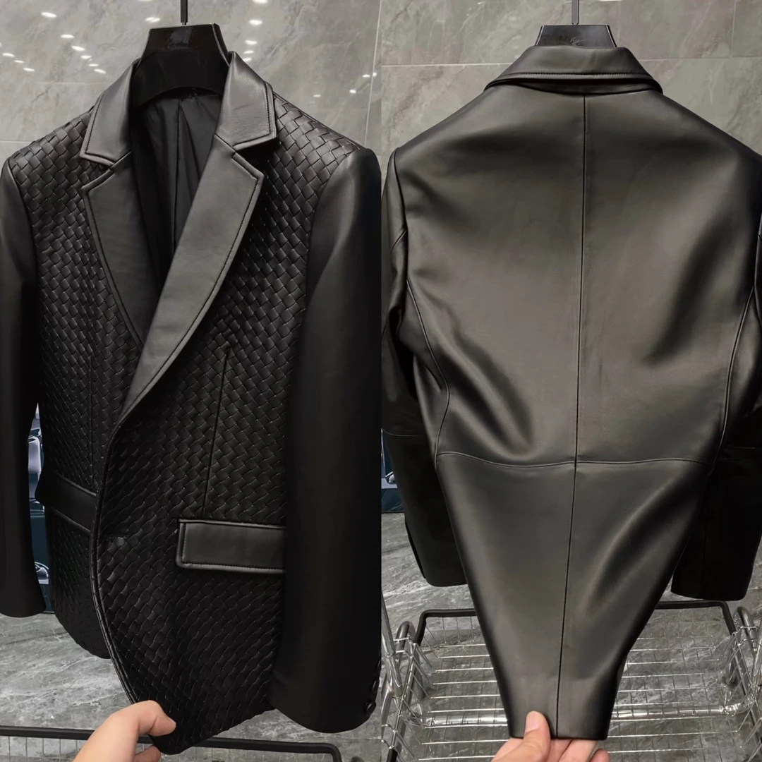 2025秋季新款男士时尚休闲商务羊皮剖层高级感编织皮西服 2529