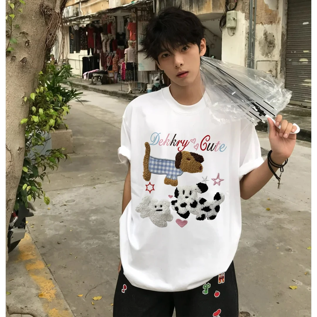 100%纯棉美式潮牌小狗仿刺绣印花短袖T恤夏季男女百搭休闲上衣ins
