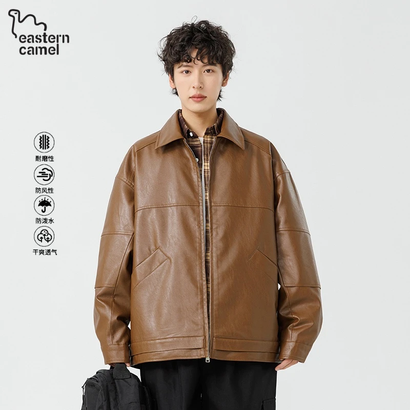 东方骆驼美式复古风摩托车PU皮衣外套男款秋季休闲宽松翻领夹克男