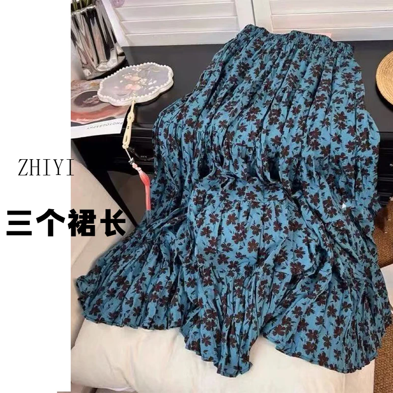 【三个裙长】复古花朵压褶碎花半身裙女法式春秋显瘦大摆a字长裙女