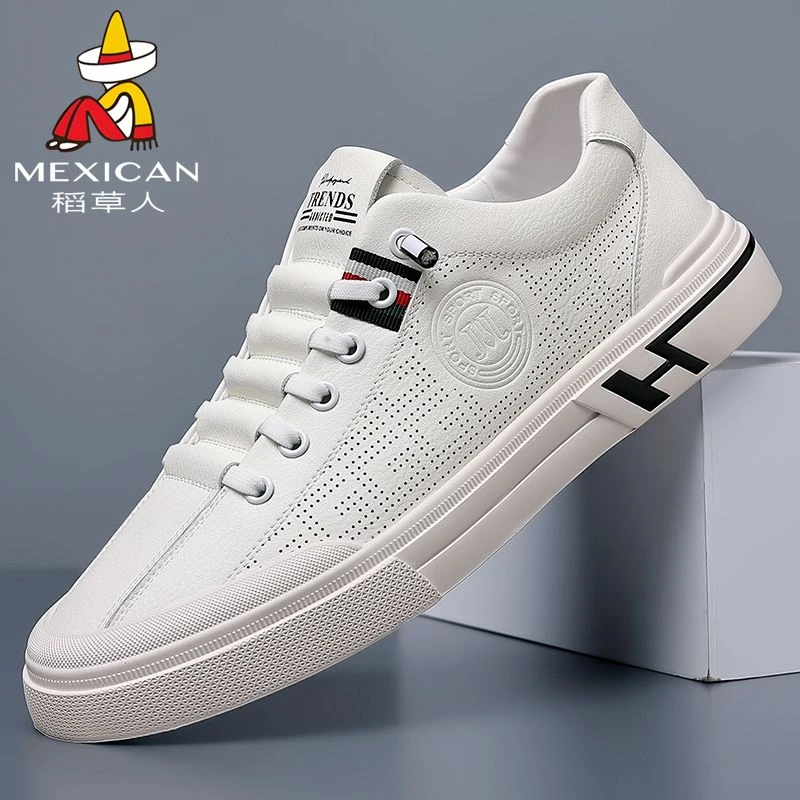稻草人男鞋夏季透气真软皮小白鞋男士镂空休闲皮鞋潮流百搭板鞋男